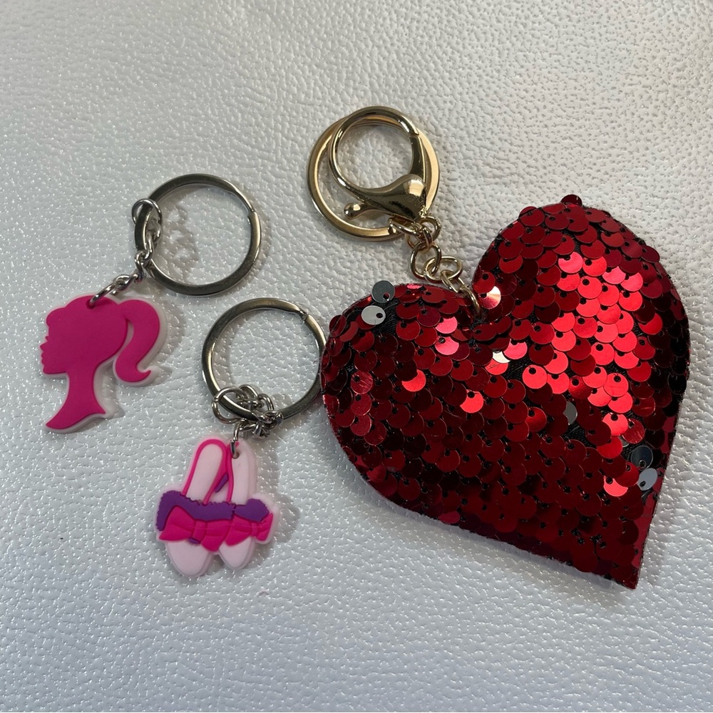 Red Sequin Heart and Pink Keychain Trio